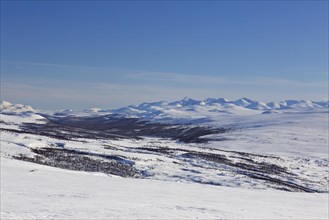 Mountain landscape covered in snow in the Dovrefjell Sunndalsfjella National Park in winter