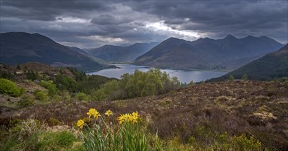 View over Loch Duich and the mountain summits of the Five Sisters of Kintail from Bealach Ratagain