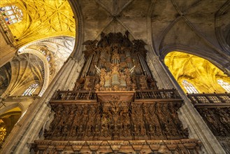 Church organ in the interior of the Cathedral of Santa Maria de la Sede in Seville