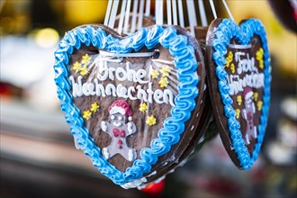 Gingerbread hearts with Merry Christmas at a Christmas market in Duesseldorf