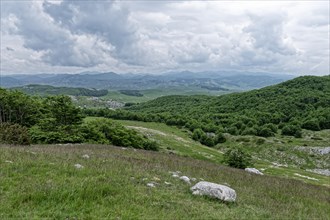 Mountain landscape around the Durmitor massif and the Dinarides mountain group. The Durmitor National Park surrounding the massif is a UNESCO World Heritage Site. Poscenski Kraj