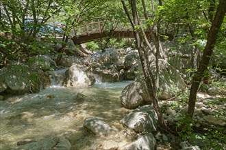 A hiking trail crosses the Paklenica River on a wooden bridge in the Paklenica National Park in northern Dalmatia. Paklenica Starigrad