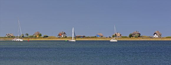 Sailing boats and beach houses along the Baltic Sea on the peninsula Graswarder