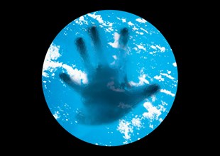 A hand that is trying to get beyond the planet Earth. A hand reaching for the sky. A symbol of the imprisonment of a person or soul on Earth. Concepts and ideas. Conceptual art. Copy space