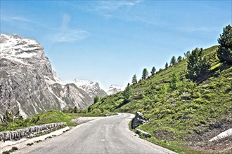 Photo with reduced dynamic range saturation HDR of mountain pass alpine mountain road alpine road pass road pass near tree line in landscape of high alps
