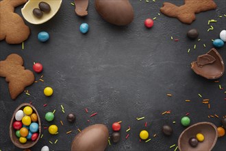 Top view chocolate easter eggs with candy cookies frame