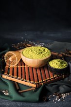 Bowls with green matcha wooden tray