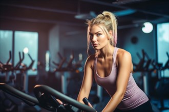 Close-up of a motivated young woman on the ergometer in the gym