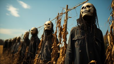 Frightening halloween skeleton headed figures and body hanging outdoors in the country