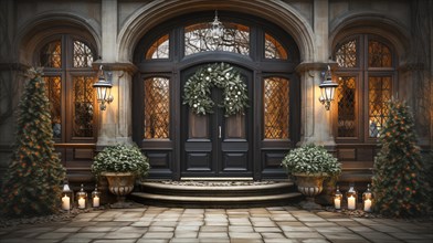 Beautiful christmas decorated front door and porch of a house on a winter evening. generative AI