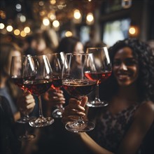Young cheerful people toast each other with glasses raised