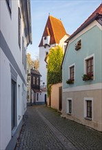 Old Town Street with Rabenstein Tower in the historic old town of Ceske Budejovice