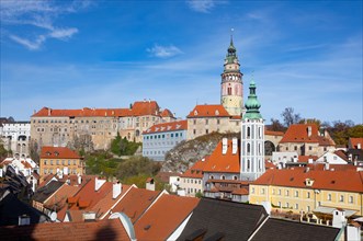 View of the historic old town of Krumlov with Schwarzenberg Castle and St Jodokus Church