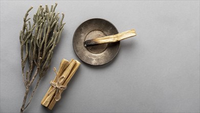 Aromatherapy lavender incense wooden sticks flat lay
