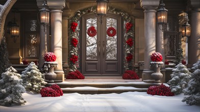 Beautiful christmas decorated front door and porch of a house on a winter evening. generative AI