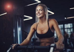 Young blonde woman running on a treadmill in the gym