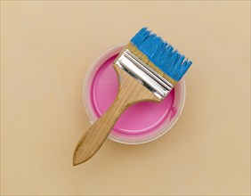 Flat lay blue brush pink paint bucket
