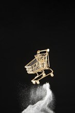 Golden shopping cart white glitter black background