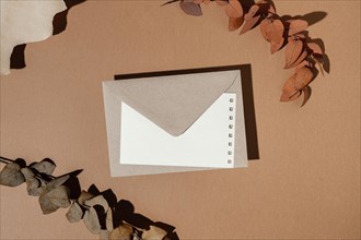 Top view stationery envelope with dried leaves
