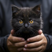 Cute young kitten where held lovingly by two hands