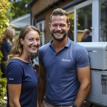 Cheerful homeowner and engineer rejoice in installing new heating system