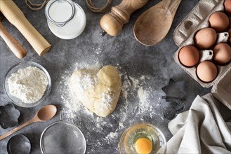 Top view dough counter with flour eggs