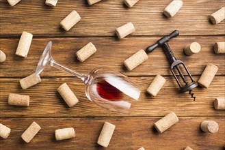 Wine accessories with corks background