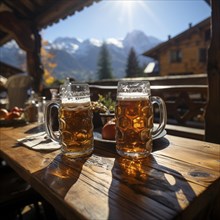 Beer and snacks in an alpine hut in the mountains