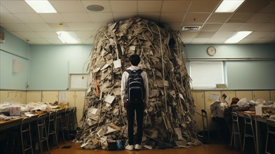 Young boy student standing bewildered in front of a towering pile to the ceiling of what represents homework in classroom