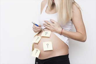Pregnant woman with sticky notes