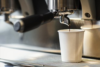 Machine pouring coffee disposable cup