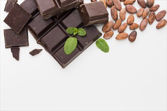 Chocolate cocoa beans flat lay