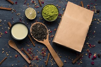 Mock up paper bag asian tea matcha ingredients