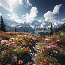 Mountain landscape with a green meadow and lots of flowers