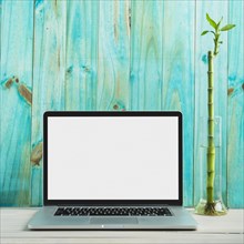 Laptop with blank white screen wooden desk