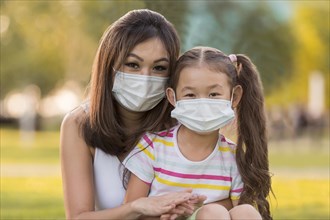 Portrait asian mother daughter with medical masks