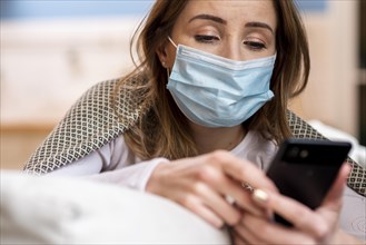 Quarantine daily activities woman her mobile phone