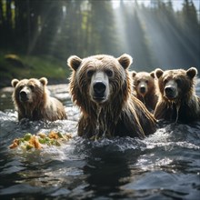 Brown bear stands in a stream