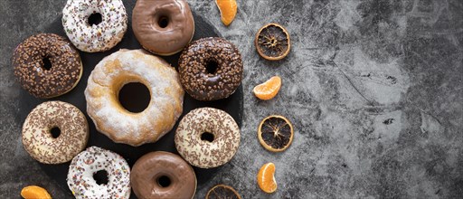 Flat lay variety doughnuts with dried citrus copy space