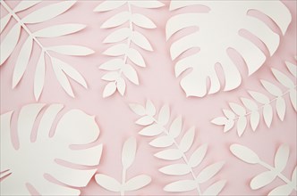Artificial leaves paper cut style with pink background