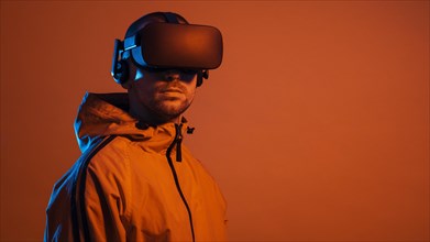 Man wearing virtual reality gadget with orange light