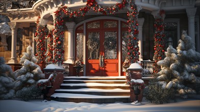 Beautiful christmas decorated front door and porch of a house on a winter evening. generative AI
