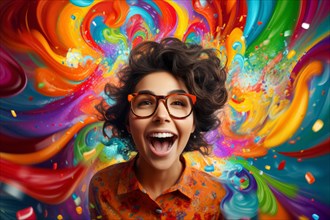 Laughing young woman with glasses in front of colourful background