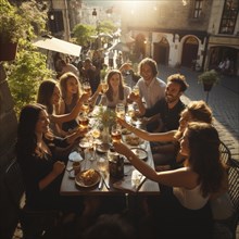 Young cheerful people toast each other with glasses raised