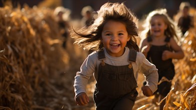 Happy laughing children running amist the corn fields on a fall day