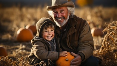 Grandpa and grandson holding a pumpkin at the pumpkin patch farm on a fall day