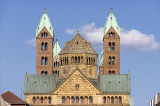 Upper part with roof and towers The Kaiserdom zu Speyer also called Speyerer Dom or Domkirche St Maria und St Stephan