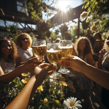 Young cheerful people toast each other with glasses raised