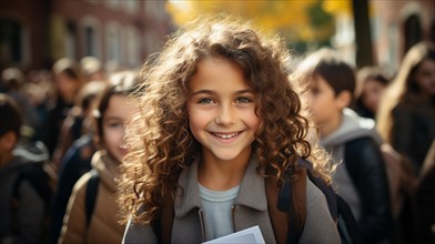 Smiling young girl walking to school with other students on a fall day