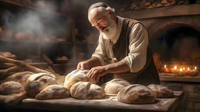 An old baker stands in his bakery with a wood-burning oven and looks at his freshly baked bread